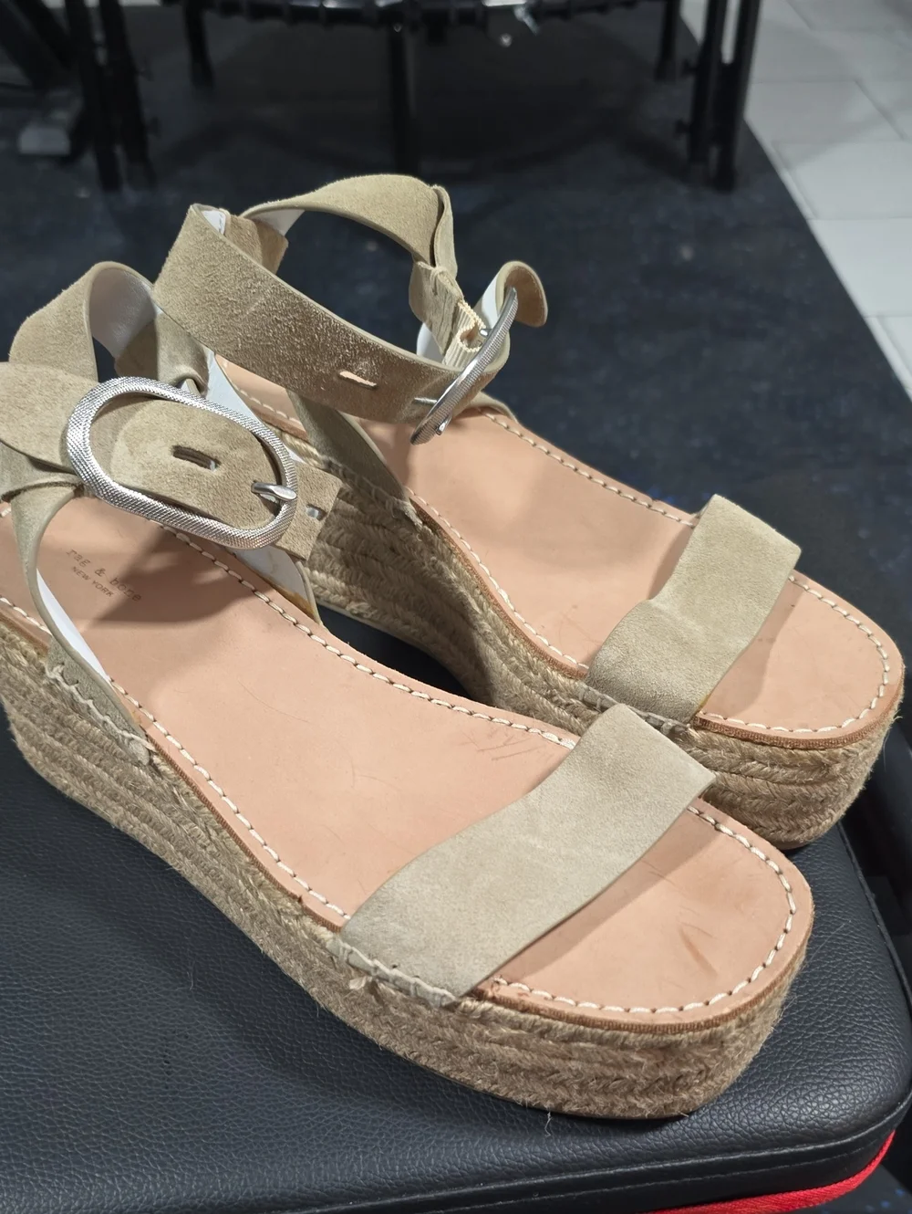 rag & bone Tan Suede Espadrille Wedge Sandals with Silver Buckle